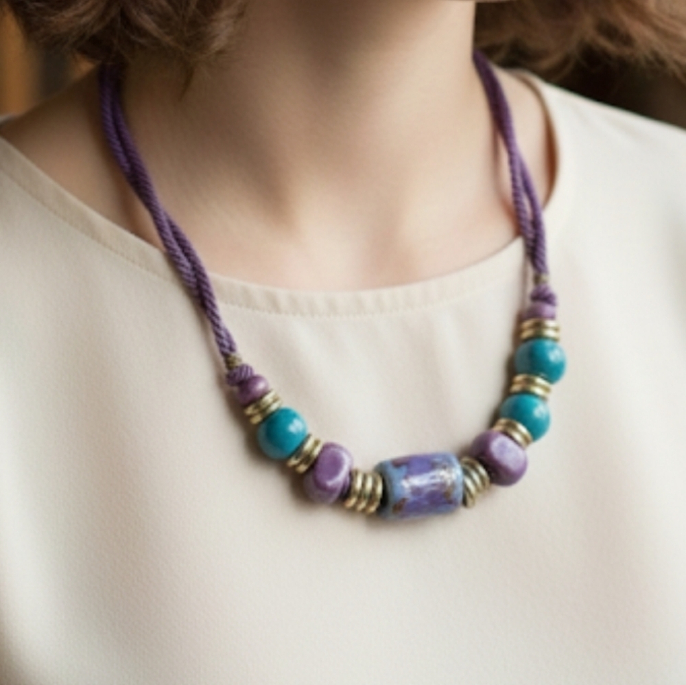 Vintage Chunky Ceramic Beaded Cord Necklace Aqua Purple Gold Artisan